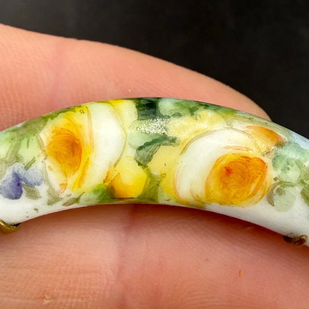 Vintage Victorian Hand Painted Porcelain Brooch Crescent Moon Yellow Rose Floral
